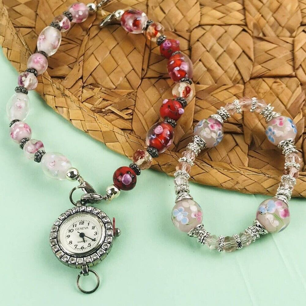 PRETTY Pink & RED GLASS FLOWERS MILLEFIORI STRETCH BRACELET & Watch